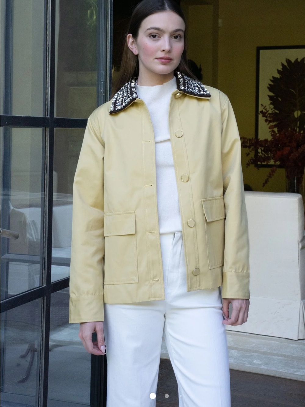 Yellow Utility Jacket with Embellished Collar